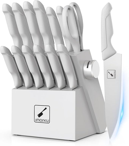 imarku® 14-Piece Kitchen Knife Set with Block and Sharpener, Professional Stainless Steel with Non-Slip Ergonomic Handle, Dishwasher Safe, Home Essential, Gray-White