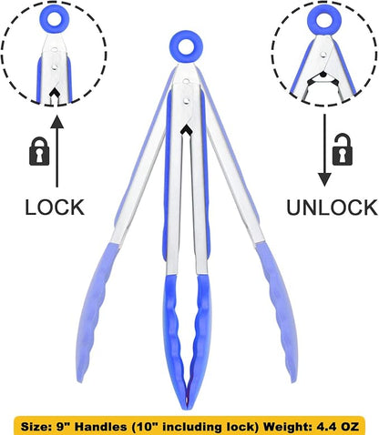 9-Inch Cooking Tongs with Silicone Tips, Set of 3 (Blue)