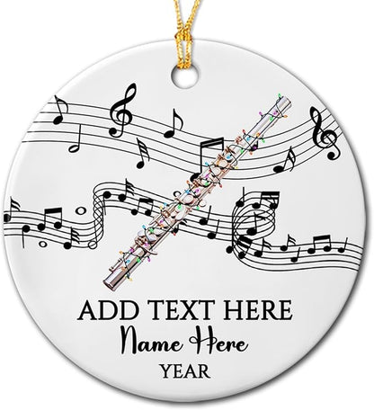 Customized Text/Year/Name Flute Player Ceramic Ornament, Personalized Xmas Ornaments Gift for Flautist Instrument Lover Brother Sister Dad Mom Daughter Son, Unique Flute Musical Ceramic Ornament