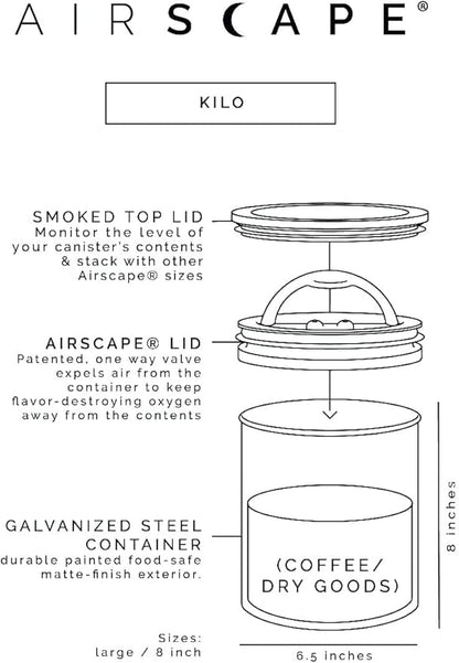 AirScape Planetary Design Kilo Coffee Storage Canister - US Patented Inner Plunger Lid Removes Excess Oxygen - DON'T buy airtight, BUY AIR-LESS - Holds 2.2 lbs Coffee Beans - (Matte Black)