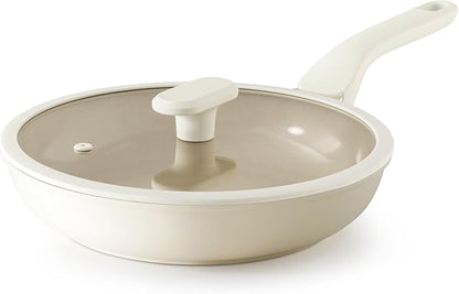 PRICUSIS Nonstick Ceramic Frying Pan with Lid, 8/10 Inch Skillet with Stay Cool Handle, Fully Coated, 100% Dishwasher Safe, Oven Safe, PTFE PFAS & PFOA Free (10 Inch, Coconut White
