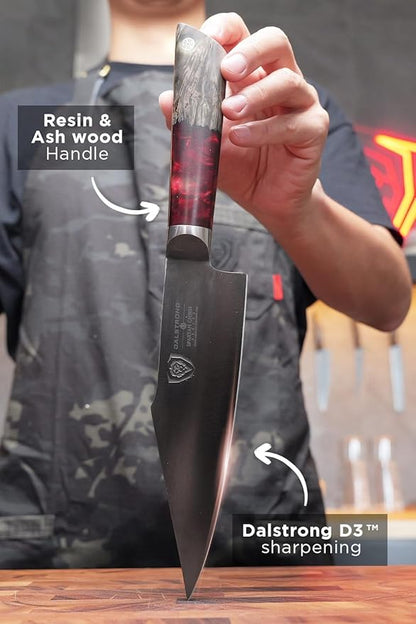 Dalstrong Santoku Knife - 7 inch - Spartan Ghost Series - Premium American Forged S35VN Powdered Steel Kitchen Knife - Razor Sharp Kitchen Knife - Maple & Red Resin Handle - Vegetable Knife - Sheath