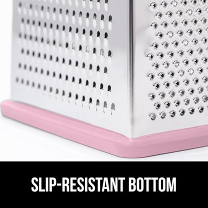 GORILLA GRIP 4-Sided 100% BPA-Free Cheese Grater With Container, Stainless Steel XL Box Graters, Parmesan Shredder, Grate Cheeses, Shred Veggies, Slip Resistant Handle, Dishwasher Safe Zester, Pink
