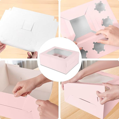 Pink 1+8 paper box 10pcs Bakery Boxes with Window,Stackable Cake and Cupcake Carriers, for Birthdays & Parties (Pink, 1+8(10Pack))