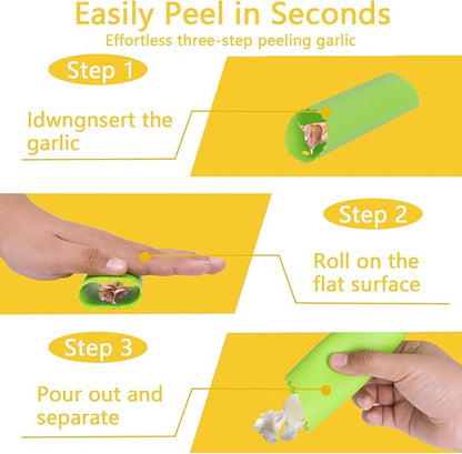 Stainless Steel Garlic Press Rocker Set - Heavy Duty Garlic Mincer, Crusher & Chopper with Silicone Peeler, Scraper & Cleaning Brush - Effortless Smasher and Grinder Tool for Easy Kitchen Prep (Green)