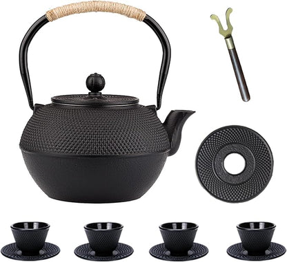 YJX 40.6 fl oz Cast Iron Teapot Set, Japanese Tetsubin Tea Set with Cast Iron Teacups, Small Tea Kettle Set with Strainer for Loose Tea, Enameled Interior (1200ml Tea Set with Cups and Saucers)