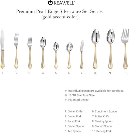 KEAWELL Pearl Edge Premium 65-Piece Refined Bead Silverware Set, 18/10 Stainless Steel, Service for 12, Fine Flatware Set with Serving Utensils, Dishwasher Safe (65, Gold Accent)