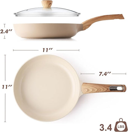 SENSARTE Ceramic Nonstick Frying Pan Skillet with Lid 11inch, Non Stick Pan Omelette Pans, Non-toxic Kitchen Cooking Chef's Pan, Free of Intentionally Added PFOA/PFAS/PTFE, Induction Compatible, Taupe