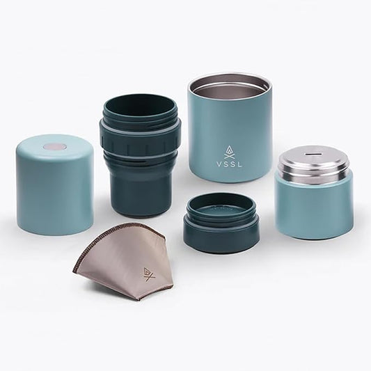 VSSL - Nest Pour Over Coffee Kit | Coffee Maker for Camping | All-In-One Travel Pour Over | Transportable Dripper, Two 10oz Stainless Steel Travel Mugs | Compact Storage & Adventure Ready | Everglade