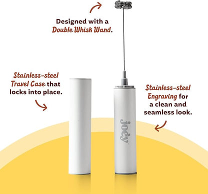 Joe’y High-Grade Milk Frother, USB-Powered Handheld Whisk for Coffee, Lattes, Matcha, Hot Chocolate, Dual-Speed Stainless Steel Frothing Wand with Travel Case, Double-Whisk, White