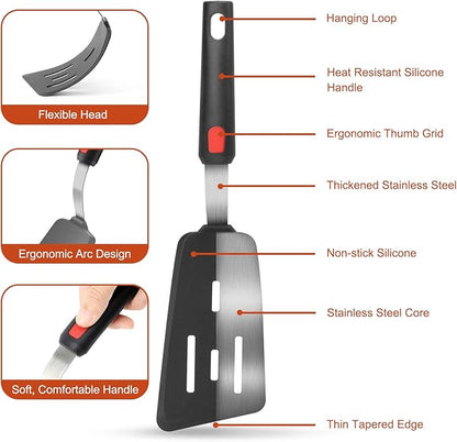 Hotec Silicone Spatula Turner for Nonstick Cookware, Cooking Spatulas 600°F Heat Resistant Large Flexible Rubber Spatula Set of 3, Kitchen Utensils for Flipping Eggs, Burgers, Pancakes, Crepes