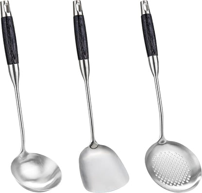FJNATINH Wok Spatulas Soup Ladle Skimmer Ladle Set, Stainless Steel Wok Tools with Wooden Handle Wok Accessories Sets Cooking Utensils,3 PCS