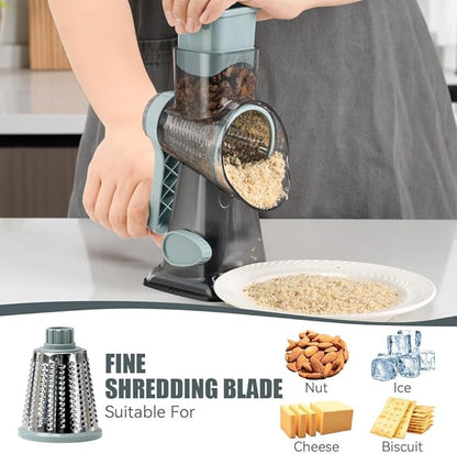 KEOUKE Rotary Cheese Grater Hand Crank Transparent - Shredder Slicer Grinder 3 Stainless Steel Blades, Stable Suction, Labor-Saving Handle, Safe Kitchen Tool for Cheese, Vegetable, Nuts, Chocolate