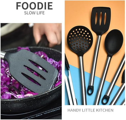 KSENDALO 9-Piece Silicone Cooking Utensils Set with Holder, Heat Resistant Kitchen Utensils Set of Slotted Spatula, Spoons, Whisk, Tong, Non Toxic Black Kitchen Tool Set for Nonstick Cookware, Black