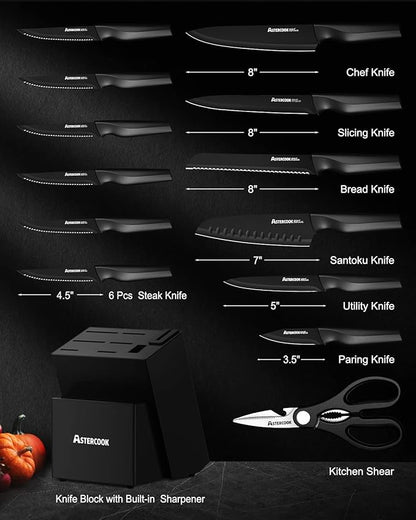 Astercook Knife Set, Kitchen Knife Set with Built-in Sharpener Block, Dishwasher Safe, 15 Pieces German Stainless Steel Knife Block Set, Black