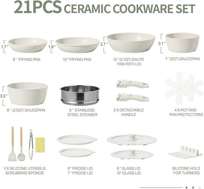 Nonstick Ceramic Cookware Set 21PCS with Detachable Handle, Pans and Pots Set, RV Kitchen Set Cookware Set, with Removable Handles, Oven Safe, Induction Ready, Stackable Non-stick Set