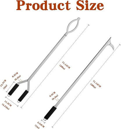 28" Stainless Steel Fire Log Tongs Firewood Grabber and Fire Poker Set,Large Fire Pit Tool Outdoor/Indoor Bonfire Campfire Backyard Deck Camping Log Grabber Safely Moves Firewood