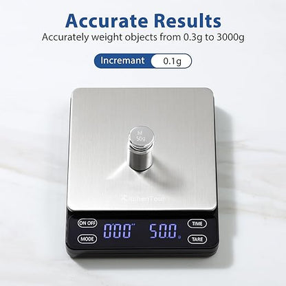 KitchenTour Nano Coffee Scale with Timer 3kg/0.1g, 3 Mode for Espresso Machine and Pour Over, High Precision Pour Over Drip Espresso Scale with Back-Lit LCD Display