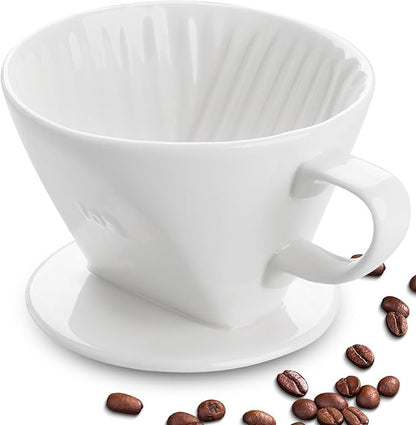 Handmade Pour Over Ceramic Coffee Dripper - Authentic Brewing Experience for Camping, Office, and Home (White)