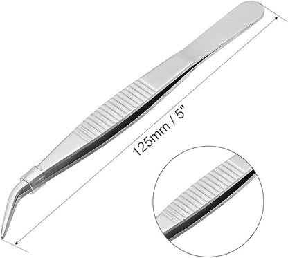 uxcell 5-Inch Stainless Steel Tweezers with Curved Pointed Serrated Tip