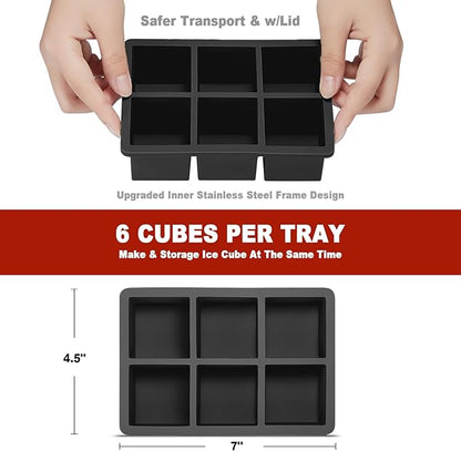 Nax Caki Large Ice Cube Tray with Lid Pack of 2, Stackable 2 Inch Big Silicone Square Ice Cube Mold for Whiskey Cocktails Bourbon Soups Frozen Treats, BPA Free