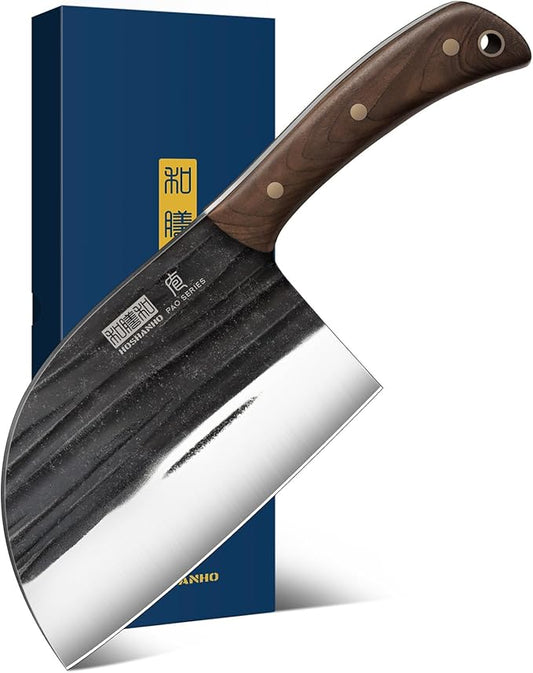 HOSHANHO 6.5 Inch Serbian Chef Knife, High Carbon Steel Meat Cleaver Knife for Meat Cutting, Handmade Forged Heavy Duty Butcher Knife with Full Tang for Home & Camping & BBQ Gift for Men