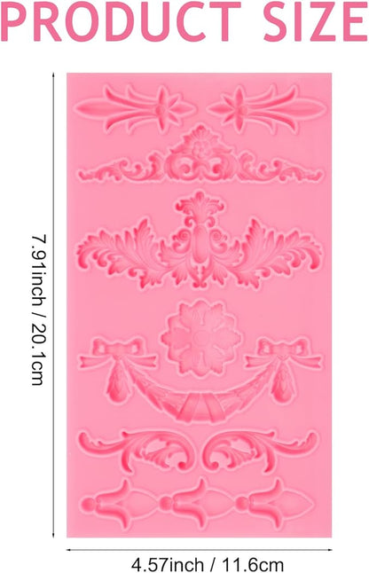 Baroque Decorative Silicone Fondant Mold, Vintage Floral Scroll Pattern, Pink