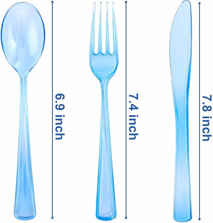 WDF 180 Pieces Blue Plastic Silverware Disposable - Clear Blue Cutlery Sets 60 Forks, 60 Knives and 60 Spoons - Heavy Duty Utensils for Party, Wedding, Graduation
