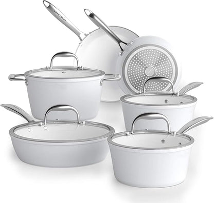 COOKSMARK Nonstick Ceramic Cookware Set, Induction & Dishwasher Safe Scratch-Resistant Pots and Pans Set with Glass Lids 10 Pieces, White