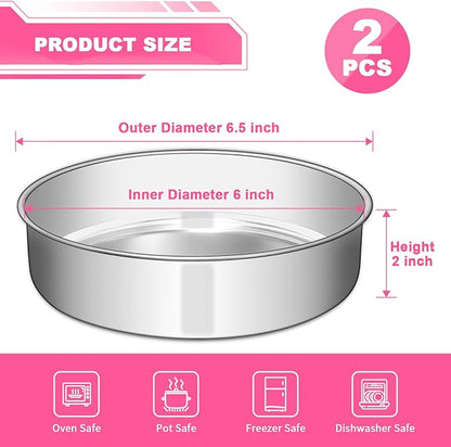 6 Inch Cake Pan Set of 2, Stainless Steel Round Layer Cake Baking Pans Tins, Non-Toxic & Healthy, Leak-proof & Easy Clean & Dishwasher Safe