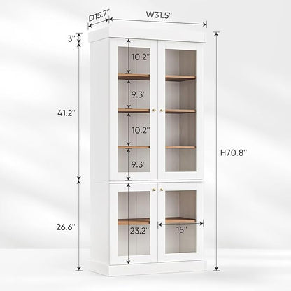 70.8" Bookshelf with Glass Doors, Farmhouse Modular Bookcase with 6-Tier Adjustable Shelves, Large Storage Cabinet for Living Room & Home Office, Set of 2, White