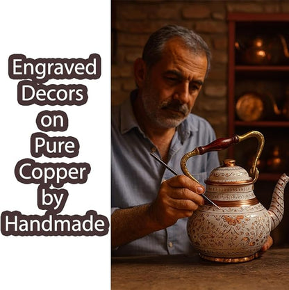 Vintage Copper Turkish TeaPot Tea Kettle Pot for Stovetop Stove Top Infuser Decorative Fancy Arabic Moroccan Party Serving Kitchen Antique Handmade White Floral Unique Style Gooseneck Gift