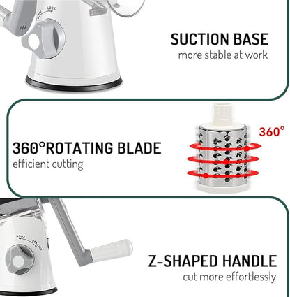 Rotary Cheese Grater with Handle Vegetable Shredder Round Kitchen Slicer Mandoline Grater for Vegetable, Nuts, Chocolate, Chesse, White, 3 Stainless Steel Blades