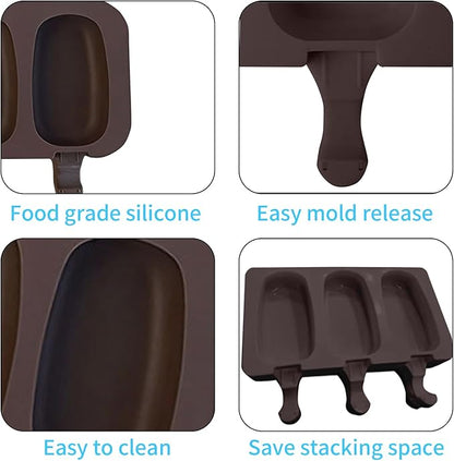 Popsicle Molds Set of 2, Ice Pop Molds Silicone, 3 Cavities Ice Cream Oval Cake Pop Mold with 100 Wooden Sticks for DIY Popsicle, Cake (Brown)