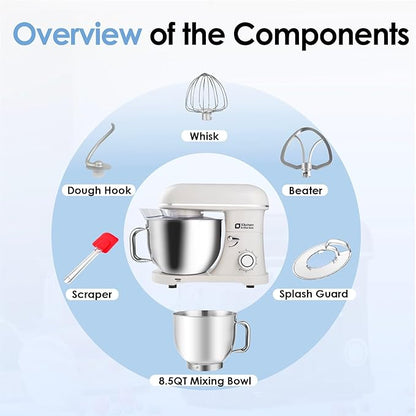 Kitchen in the box Stand Mixer - 8.5 Quart Mixing Bowl, 900 Watt Kitchen Electric Mixer for Heavy Dough, Large Capacity Food Mixer for Home Cooks with Egg Whisk, Dough Hook & Flat Beater (Cream)