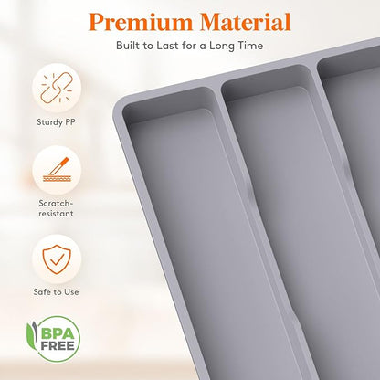 Lifewit Utensil Drawer Organizer, Expendable Cooking Silverware Tray for Kitchen Drawer, Adjustable Cutlery Flatware Holder, Plastic Spatula Tools and Gadgets Storage Divider, 4 Compartments, Gray