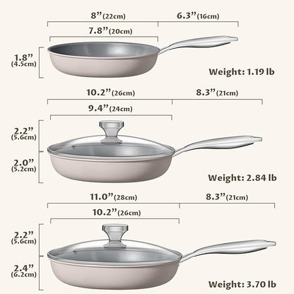 Nonstick Frying Pan Set with Lids, Induction Cookware with Molecular-bonded Induction Base, Nonstick Ceramic Coating Free of PTFE, 8" 10" 11" Non Stick Skillet, Compatible with All Stovetops