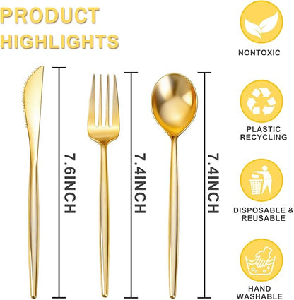 Rubtlamp 90Pcs Gold Plastic Silverware, Gold Disposable Thanksgiving Utensils, Plastic Cutlery Include 30 Plastic Knives, 60 Forks and Spoons, Fancy Plastic Silverware Heavy Duty for Thanksgiving