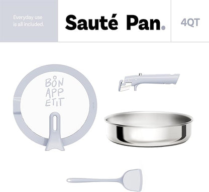 CAROTE 10 Inch Tri-Ply Stainless Steel Saute Pan, 4QT Nonstick Frying Pan with Detachable Handle, Non Toxic Stainless Steel Cooking Pan, Induction Kitchen Cookware with Lid, Oven Safe to 600°F