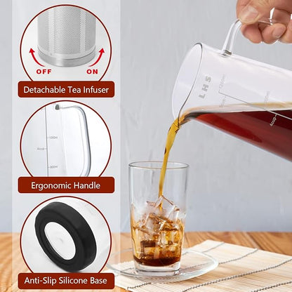 LHS Cold Brew Coffee Maker 2 in 1 Iced Coffee Maker, Glass Pitcher with Lid- 1.2Liter / 40oz, Stainless Steel Filter Removable and BPA-Free Glass Carafe for Iced Coffee, Cold Brew Tea, Juice