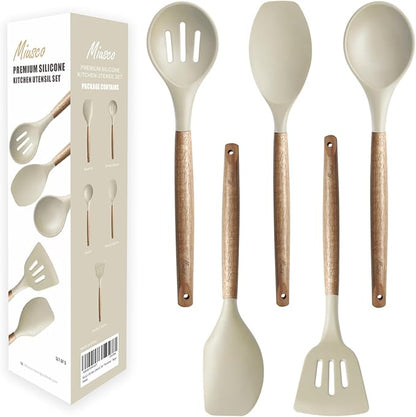 Kitchen Utensils Set, Silicone Cooking Utensils Set,Non-Stick Silicone Spatula Set with Natural Acacia Hard Wood Handle, 5 Piece, Upgraded Thickened Cookware