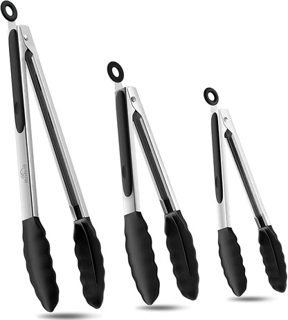 600ºF Heat Resistant Kitchen Tongs, Premium Locking Cooking Tongs with Silicone Tips, Non-Slip Food Tongs for Cooking, Non-Stick, Heavy Duty Stainless Steel Handle, Set of 3-7" 9" and 12" Black