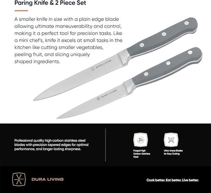 DURA LIVING 2-Piece Premium Kitchen Knife Set - Ultra-Sharp 5" Utility Knife & 3.5" Paring Knife, High Carbon Stainless Steel, Forged for Precision, Multipurpose Cooking Knives with Ergonomic Handles