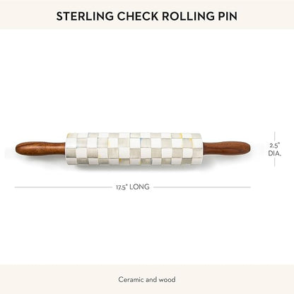 MACKENZIE-CHILDS Rolling Pin, Decorative Roller Pin for Baking, Cute Baking Supplies, Gray-and-White Sterling Check