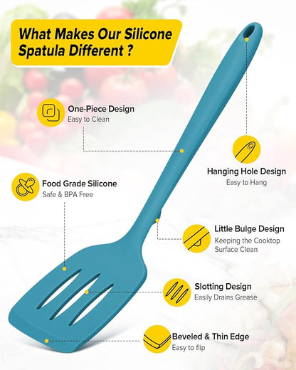Pack of 2 Silicone Spatula Turners, Non Stick Slotted Kitchen Spatula Set, Heat Resistant BPA Free Kitchen Utensils, One-Piece Design, Suitable for Flipping Fish, Eggs, Steak, Pancakes(BLUE)