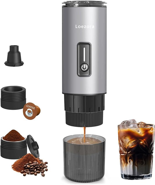 Leozora 20Bar Portable Espresso Machine, 7500mAh USB-C Rechargeable, 3-in-1 for Ground Coffee & Nespresso/DG Capsules, Stainless Steel Travel Coffee Machine for Camping, Car, Office,Silvery