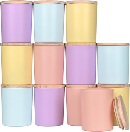 SHOWIN Thick Candle Jars for Making Candles 12 Pcs, 7 OZ Empty Jars with Wood Lids for Candle Making, Sample Container, Colourful
