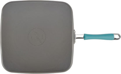 Rachael Ray Cucina Hard Anodized Nonstick Griddle Pan/Flat Grill, 11 Inch, Gray with Agave Blue Handle