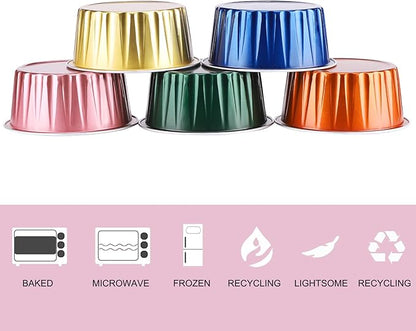EUSOAR Disposable Ramekins with Lids, 5oz 100pcs Muffin Liners Cups with Lids, Creme Brulee Foil Ramekins, Aluminum Foil Cupcake Baking Cups, for Party Favor Birthday 5 Colors Mixed