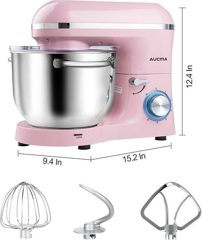Aucma Stand Mixer,6.5-QT 660W 6-Speed Tilt-Head Food Mixer, Kitchen Electric Mixer with Dough Hook, Wire Whip & Beater (6.5QT, Pink)